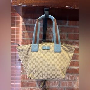 Gucci Sherry Line Mini Tote Bag GG Pattern Authentic Cream, Blue, Brown